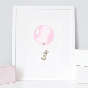 Pastel Pink, UNFRAMED Kid's Balloon Print, Children's Picture, Girl's Nursery Art, Wall Art, Rabbit, Bunny, Whimsical Art, Christening Gift