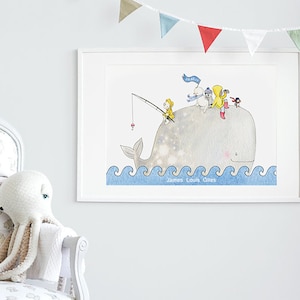 Impresión infantil grande, SIN MARCO Imagen infantil grande, Póster infantil, Impresión para guardería, Habitación de bebé, Ilustración de ballena, Arte con temática náutica