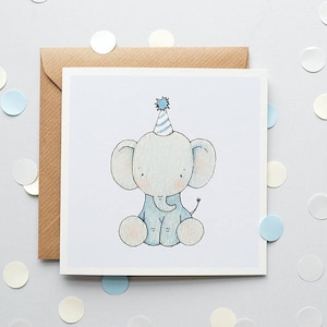 Elefant, Kinderkarte, neuer Baby Junge, Geburtsankündigung, Pastellblau, Tier, Geburtstagskarte des Jungen, 100% recycelt, Grußkarte