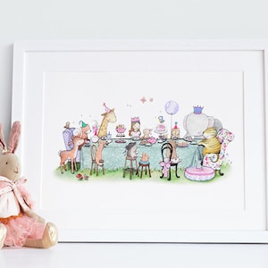 Enchanted Tea Party, UNFRAMED Children's Picture, Girl's Nursery Decor, Pink, Lilac, Vintage Floral, Forest Animal Picnic, Princess Art