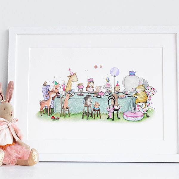 Tea Party enchantée, photo d'enfants sans cadre, décoration de chambre de fille, rose, lilas, floral vintage, pique-nique avec animaux de la forêt, art de princesse