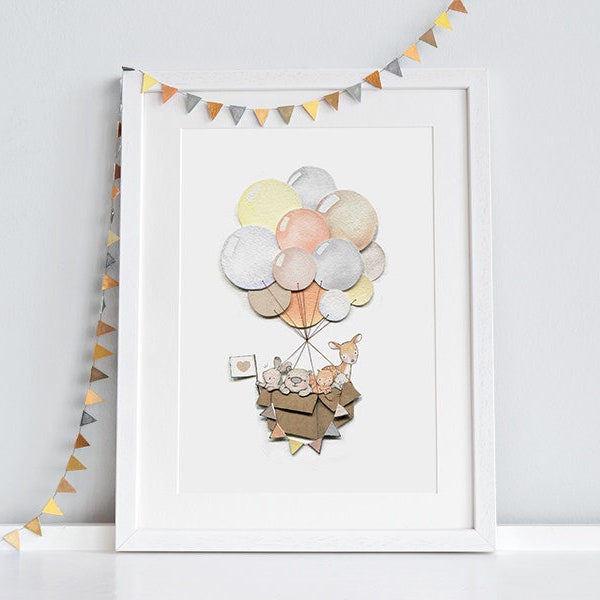 Great Balloon Journey, UNFRAMED Art Print, Woodland Nursery, Neutral, Unisex Baby Art, Kid's Balloon Picture, Whimsical Wall Art