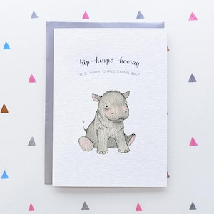 Biglietto di battesimo, Ippopotamo, Biglietto d'auguri, Battesimo del bambino, Ragazza o ragazzo, Occasione unisex, Acquerello ippopotamo, Biglietto a blocchi d'argento