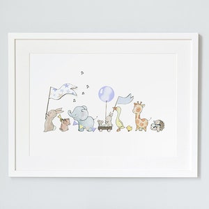 UNFRAMED Kids Print, Powder Blue Animals on Parade, Baby Boy's, Soft Blue Nursery, Pastel Picture, Illustration, Add your name image 1