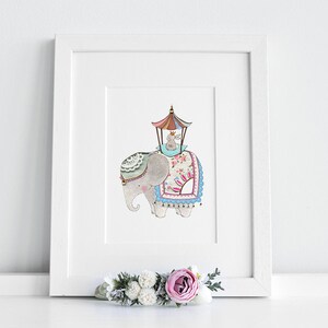 Girl's UNFRAMED Nursery Art, Rabbit and Elephant, Pink, Floral, Whimsical, Shabby Chic, Princess, Fairytale, Children's Picture
