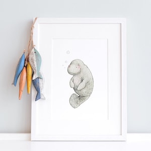 Baby Manatee, UNFRAMED New Born Art, Picture for baby, Neutral Modern, Unisex Nursery Art, Kid's Nautical Art, Sea Animal Print