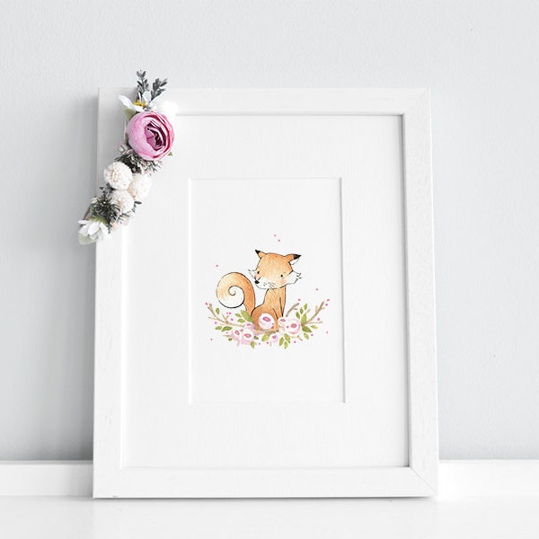 Floral Fox, UNFRAMED Children's Art, Soft Pink Print, Girl's Nursery, Kid's Bedroom Art, Pink Wall Art, Wreath Picture