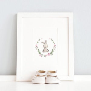 Floral Rabbit, UNFRAMED Children's Art, Soft Pink Print, Girl's Nursery, Kid's Bedroom Art, Pink Wall Art, Wreath Picture, Baby Gift