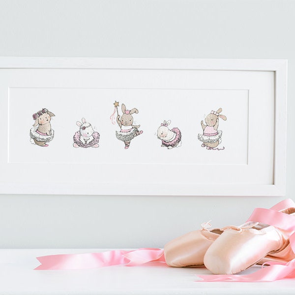 FRAMED Nursery Art, Ballerina Bunnies, Girl's Bedroom Art, Ballet Rabbits, Girl Decor, Minimal modern, Kid's Art, Name & date can be added!
