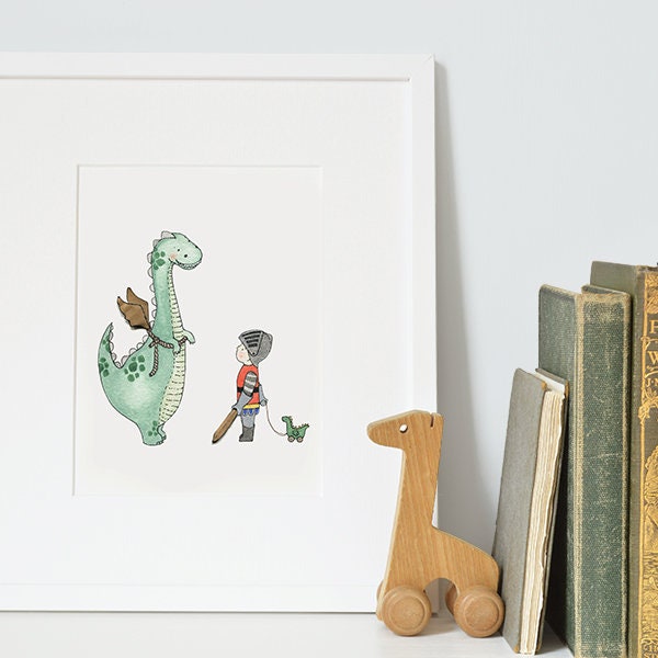 Dinosaur Dragon Art, UNFRAMED Kids Nursery Picture, Children's Print, Knight, Castle theme, baby boy, bedroom decor, Name can be added!