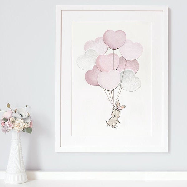 Girl's UNFRAMED Nursery Art, Heart balloons, Giclée Print, Pink, Purple, Pastel, Bunny, Rabbit Picture, Illustration, Bedroom Wall Decor