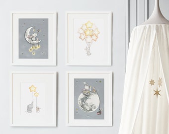 Set of 4 UNFRAMED Nursery Art Prints, Moon and Stars, Elephant and Rabbit, Grey, Unisex, Modern Nursery, Bedroom Art, Illustration Prints