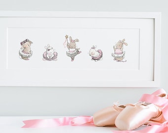FRAMED Nursery Art, Ballerina Bunnies, Girl's Bedroom Art, Ballet Rabbits, Girl Decor, Minimal modern, Kid's Art, Name & date can be added!