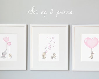 SET of 3 UNFRAMED Prints, Pastel Pink, Girl's Nursery Art, Elephant and Rabbit, Baby Girl's Bedroom, Whimsical Illustrations