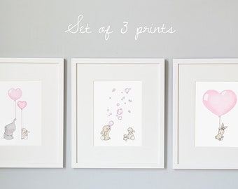 ENSEMBLE de 3 estampes NON ENCADRÉES, Rose Pastel, Art de la crèche pour filles, Éléphant et lapin, Chambre de bébé fille, Illustrations fantaisistes