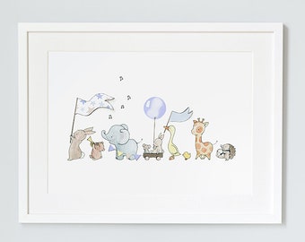 UNFRAMED Kids Print, Powder Blue Animals on Parade, Baby Boy's, Soft Blue Nursery, Pastel Picture, Illustration, Add your name!