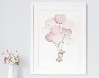 Girl's UNFRAMED Nursery Art, Heart balloons, Giclée Print, Pink, Purple, Pastel, Bunny, Rabbit Picture, Illustration, Bedroom Wall Decor