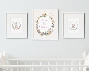 Set of 3 UNFRAMED Prints, Dream Big Little One, Woodland Collection, Mouse, bunny rabbit, and floral wreath, Pretty Girl's, Nursery Art