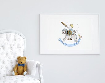 Large children's Art, UNFRAMED Big print for Kids, Extra large picture, Poster for boys, Prince wall Art, Blue Rocking Horse, Nursery Art