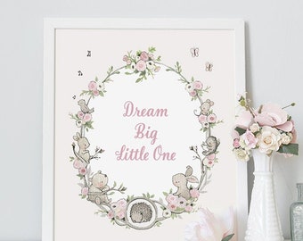 Quote Print, UNFRAMED Nursery Art, Floral wreath, You are loved, dream big little one, flowers, forest, baby girl print