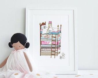 Princess and the Pea, UNFRAMED Picture, Girl's Nursery Art, Modern Floral Pink, Fairy tale Art, Princess Print, We can add your name!