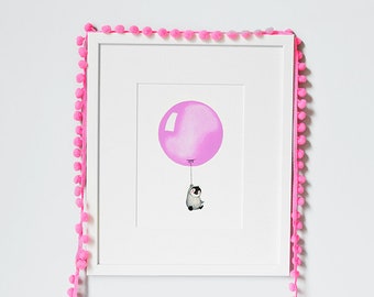 Fucshia Pink, UNFRAMED Balloon Picture, Girl's Nursery Art, Children's Print, Bright, Modern, Whimsical, Illustration, New Baby gift.