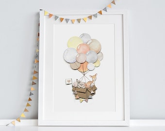 Great Balloon Journey, UNFRAMED Art Print, Woodland Nursery, Neutral, Unisex Baby Art, Kid's Balloon Picture, Whimsical Wall Art