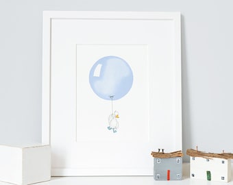 Powder Blue, UNFRAMED Balloon Print, Duck Illustration, Pastel Boy's Nursery Art, Baby Boy, Archival Print, UK Nursery Art