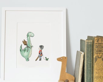 Dinosaur Dragon Art, UNFRAMED Kids Nursery Picture, Children's Print, Knight, Castle theme, baby boy, bedroom decor, Name can be added!
