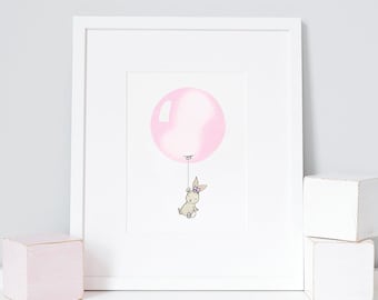 Pastel Pink, UNFRAMED Kid's Balloon Print, Children's Picture, Girl's Nursery Art, Wall Art, Rabbit, Bunny, Whimsical Art, Christening Gift