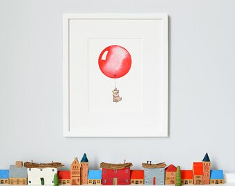 Red Balloon, UNFRAMED Children's Art, Nursery Print, Whimsical Kid's Picture, Watercolour Giclée Print, Christening gift.