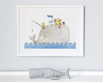Whale Nursery Art, UNFRAMED Kid's Picture, Fine Art Print, Baby's Bedroom Watercolour, Drawing, Nautical Illustration, Sea, Ocean, decor