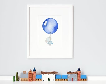 Blue Balloon, UNFRAMED Children's Wall Art, Nursery Art Print, Whimsical, Elephant Illustration, Gift for Baby Boy