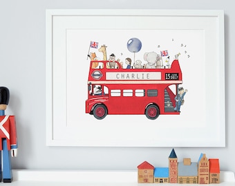 London Bus, UNFRAMED Nursery Art, Children's Print, Iconic British, Routemaster, Red Bus Picture, Kid's British Theme, Add your name & date!