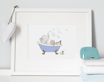 Children's UNFRAMED Bathroom Art, Nursery Art Print, Bath Tub Picture, Elephant and Rabbit, Whimsical, Watercolour Print, Baby Art
