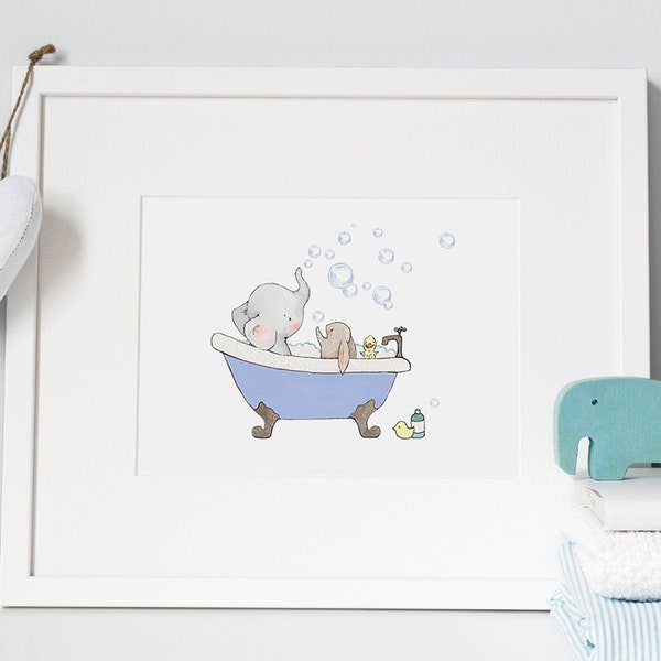 Children's UNFRAMED Bathroom Art, Nursery Art Print, Bath Tub Picture, Elephant and Rabbit, Whimsical, Watercolour Print, Baby Art