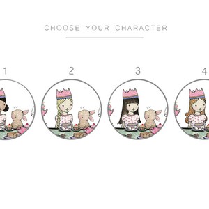 May include: Four illustrations of girls wearing pink crowns and pink polka dot dresses, each with a bunny beside them. The girls have different hair colours: black, blonde, brown, and red. The text "Choose Your Character" is above the illustrations. The numbers 1, 2, 3, and 4 are above each illustration.