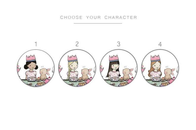 May include: Four illustrations of girls wearing pink crowns and pink polka dot dresses, each with a bunny beside them. The girls have different hair colours: black, blonde, brown, and red. The text "Choose Your Character" is above the illustrations. The numbers 1, 2, 3, and 4 are above each illustration.