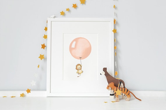 Balloon Print, UNFRAMED Nursery Art, Lion Picture, Modern, Minimal, Pastel, Apricot, Unisex, African, Safari animal, Childrens Wall Art