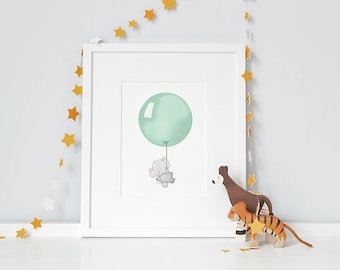 Jade Green, UNFRAMED Balloon Picture, Nursery Art Print, Children's Bedroom, Baby Boy, Shower Gift, Whimsical, Modern Kid's Art