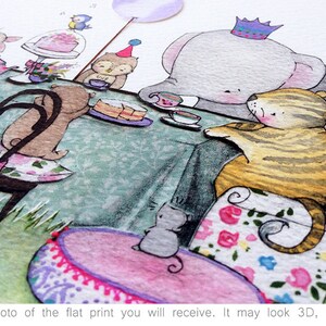 May include: A watercolour illustration of a tea party featuring a range of animals, including a tiger, elephant, owl, and rabbit. The animals are seated at a table with teacups, a cake, and other treats. The illustration is painted in a whimsical style with bright colours and delicate details.