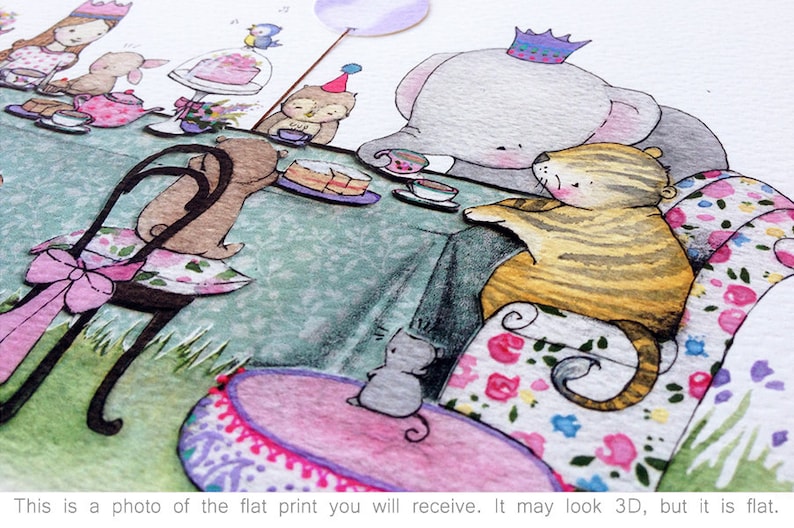 May include: A watercolour illustration of a tea party featuring a range of animals, including a tiger, elephant, owl, and rabbit. The animals are seated at a table with teacups, a cake, and other treats. The illustration is painted in a whimsical style with bright colours and delicate details.