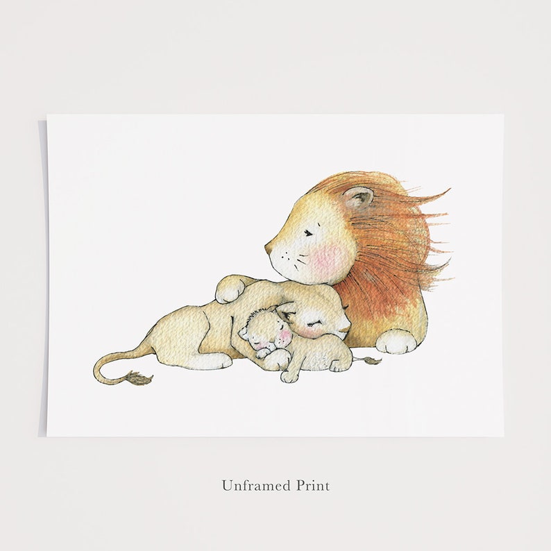 May include: A watercolor illustration of a lion family. A large lion with a flowing mane is lying down with two cubs. The cubs are nestled together and the lion is looking at them with a loving expression.