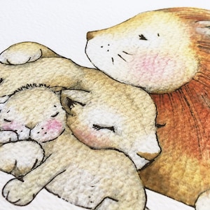 May include: A watercolor painting of a lion and two cubs sleeping together. The lion is brown with a light orange mane, and the cubs are a lighter brown. The painting is done in a soft, whimsical style.