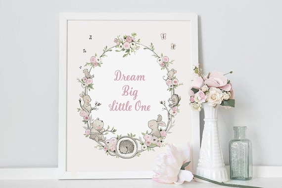 Quote Print, UNFRAMED Nursery Art, Floral wreath, You are loved, dream big little one, flowers, forest, baby girl print