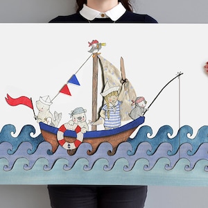 Lámina infantil grande, SIN MARCO Cuadro infantil grande, Póster infantil, Lámina infantil, Ilustración de barco para habitación de bebé, Tema náutico, Arte mural