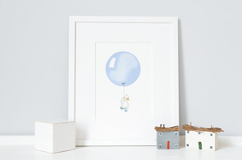 Powder Blue, UNFRAMED Balloon Print, Duck Illustration, Pastel Boy's Nursery Art, Baby Boy, Archival Print, UK Nursery Art image 1