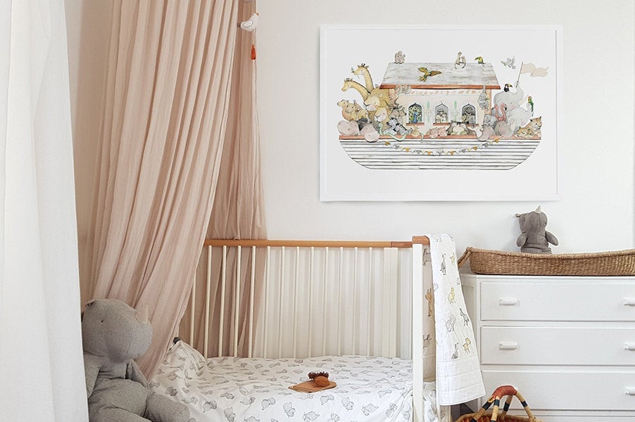 Große Kinder Bild, UNGERAHMT große Kinder Kunst, Baby Kinderzimmer Bild, Arche Noah, Arche, Boot, Tier, Ballon Illustration, für Kinderzimmer