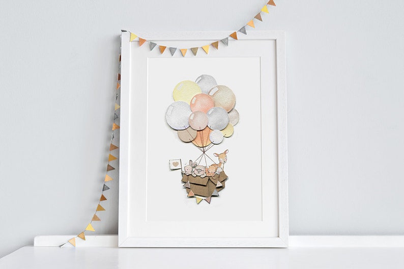 Great Balloon Journey, UNFRAMED Art Print, Woodland Nursery, Neutral, Unisex Baby Art, Kid's Balloon Picture, Whimsical Wall Art image 1