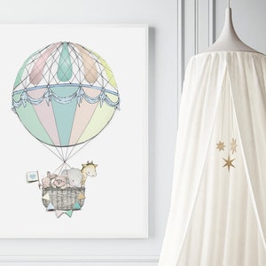 Impresión infantil extragrande, póster infantil grande SIN MARCO, globo aerostático, dormitorio de bebé, impresión unisex para guardería, ilustración, pintura